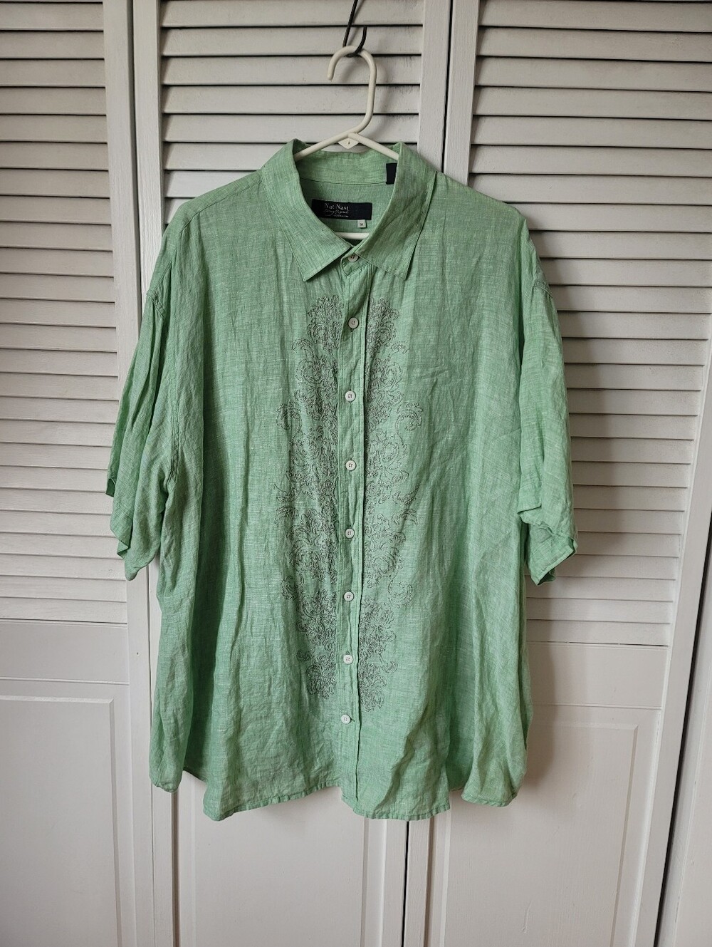 NAT NAST Men's Mint Green Linen Embroidered Dress Shirt, Size 3XL